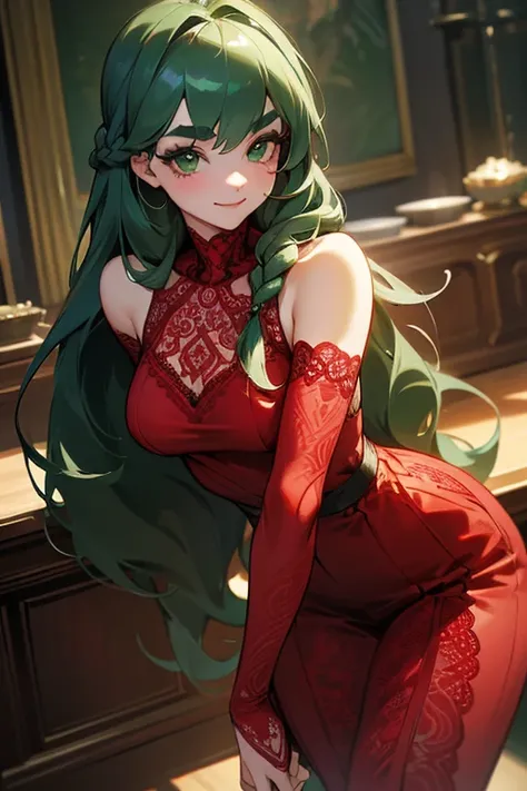 (Best Quality, masterpiece:1.2), High resolution, Very detailed, Realistic:1.37, Fantasy, shape, Green Eyes、Queen Platinum Decoration、beautifully、Eyeshadow Red、Thick eyebrows、Long eyelashes、The student is black、((Her hair is bright green)).Embarrassing、peo...