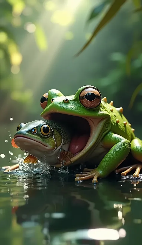 A highly detailed 3D image of a frog mid-action, eating a fish. The frog, with vibrant green skin and textured bumps along its back, is sitting by the edge of a pond, its wide mouth open as it swallows a fish. The fish is partially in the frog’s mouth, wit...