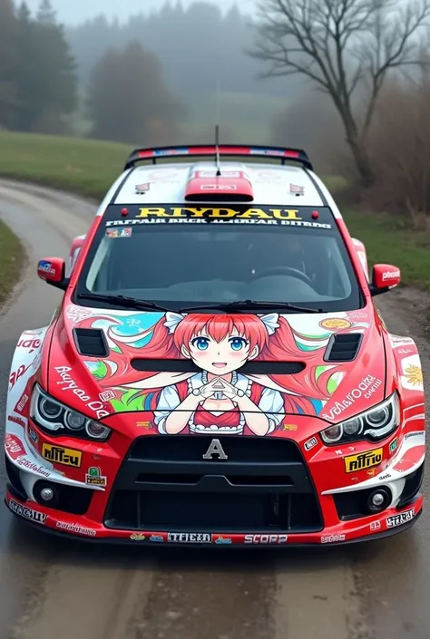 8k RAW Photos.Colorful pop art of an anime-style girl painted on the body of a white rally car、The rally car is the Lancer Evolution、All painted white、The whole body is covered with an anime-style drawing of a  with red hair and twin tails.,Girl in maid ou...