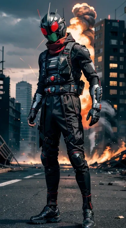 ((kamen rider, shinkr, tactical vest, techwear jacket)), (standing), (turn around), full body detailed, detailed hands, good fingers, good hands, good legs, red scarf, low hood, ((epic burning city)), ruins, floating, explosion, debris, some fire and glitt...