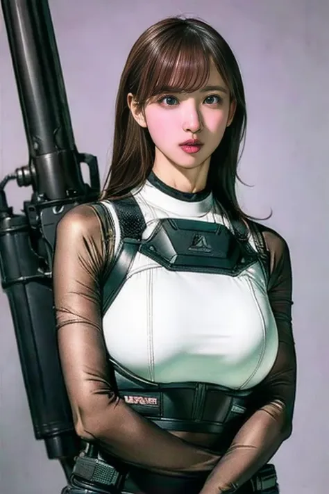 Best Quality、Amazing details、Ultra-high resolution、（realism：1.4）、（（close：0.75））、One woman is very condensed、Beautiful and delicate face、Perfect Proportions、Narrow your target audience、Large Breasts）、Brown Hair、（Silver Technology Suit）、（Cyborg Vs... Police ...