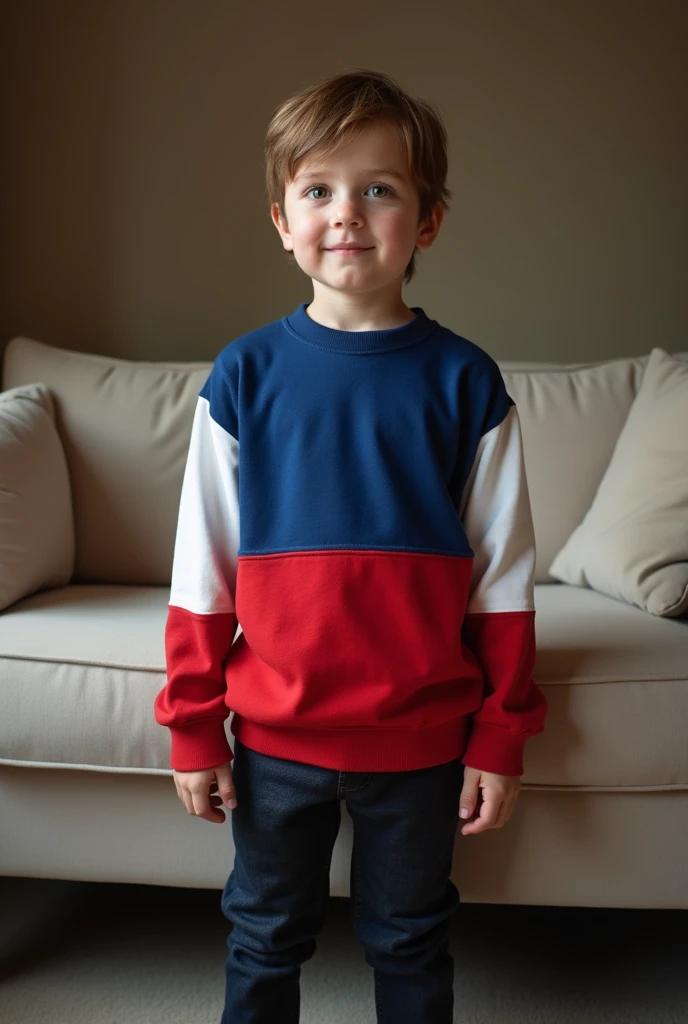 Photograph of a seven-year-old boy standing, with very elegant shoes, Next to the sofa, brown-blond hair, brown eyes and white skin. The boy was wearing a two-tone blue, white and red sweatshirt..