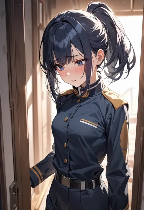 Anime Style, masterpiece, Best Quality, High resolution, Ultra-detailed, One girl, Alone, Laura. Alseid (Long dark blue hair, Ponytail and side bangs, Small breasts), (Inspired by the cold steel trail) uniform, At military school, So embarrassing