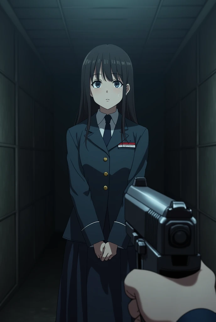 In anime、Girl(Clasp your hands behind your back),Frame rate,Ass POV,First Person View,Sad face,Viewers point guns at girls in military uniforms,The viewer points the gun,First Person View,tears,Pistol(Perfect design),右手でPistolを向ける,Dimly lit room,There are ...