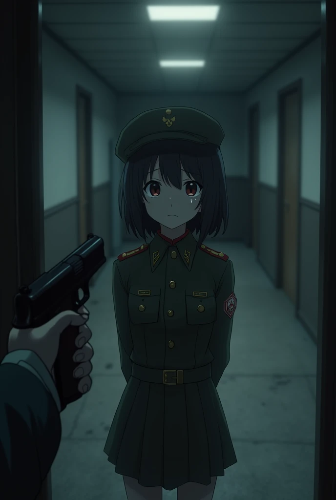 In anime、Girl(Clasp your hands behind your back),Frame rate,Ass POV,First Person View,Sad face,Viewers point guns at girls in military uniforms,The viewer points the gun,First Person View,tears,Pistol(Perfect design),右手でPistolを向ける,The dimly lit interior of...