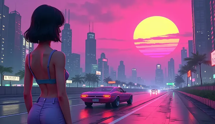 pink、Purple、greenの鮮やかなネオンライトで輝く、Futuristic cityscape at night。Retro style car driving down a deserted highway、Taillights leaving a trail of light on the wet road。In the sky、Purple色の雲の筋とともに、A huge orange digital sun is setting.。The atmosphere is a bit dream...