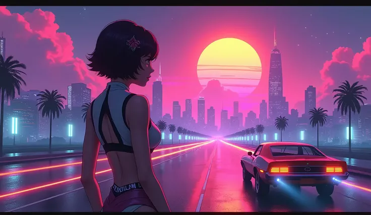 pink、Purple、greenの鮮やかなネオンライトで輝く、Futuristic cityscape at night。Retro style car driving down a deserted highway、Taillights leaving a trail of light on the wet road。In the sky、Purple色の雲の筋とともに、A huge orange digital sun is setting.。The atmosphere is a bit dream...