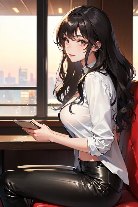 ((The best quality)), ((masterpiece)), (detailed), (4k)1 girl, ((tight leather pants)), (white strappy blouse), (sitting),(luxury restaurant), ((beautiful wavy hair)), ((ojos bien detaileds)), ((large breasts)), ((profile view)), ((looking at the viewer)),...