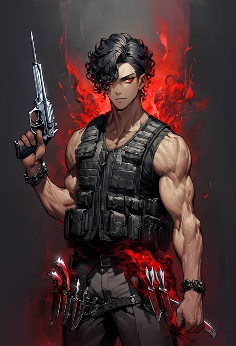 black man, black hair, fade cut with curly hair on top, red eyes, bulletproof vest, knives on his waist, revolver, a black metal bracelet on his left hand, a red aura, height of 1.68, average physique,dark skin