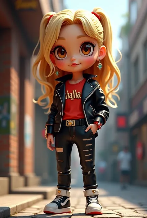 A captivating 3D digital Illustration of a chibi princess dressed in a striking black leather outfit, With the word "CHACHAMARU" Written in bold letters on her chest. She stands confidently posing, highlighting her trendy style.. Her flowing blonde hair fr...