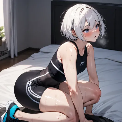 Sweaty Tiny Black Lolly Girl In Sports Bra Tight Short Shorts Athletic Body Short Hair, white hair squats in bedroom 