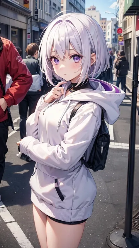 Anime Girl, White short hair, Purple Eyes, hoodie, PC, stream media, vtuber, Street Style