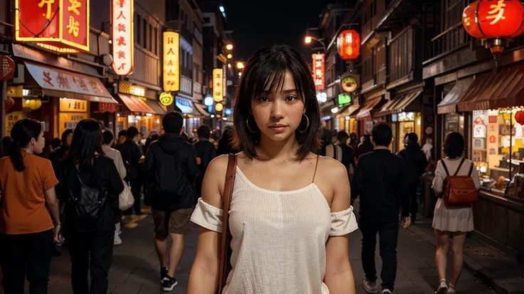 The image shows a young anime-style girl in the foreground, walking down a busy street in what appears to be a city in China or a similar Asian setting, due to the numerous signs in Chinese characters that adorn the buildings and shops around it. The illus...