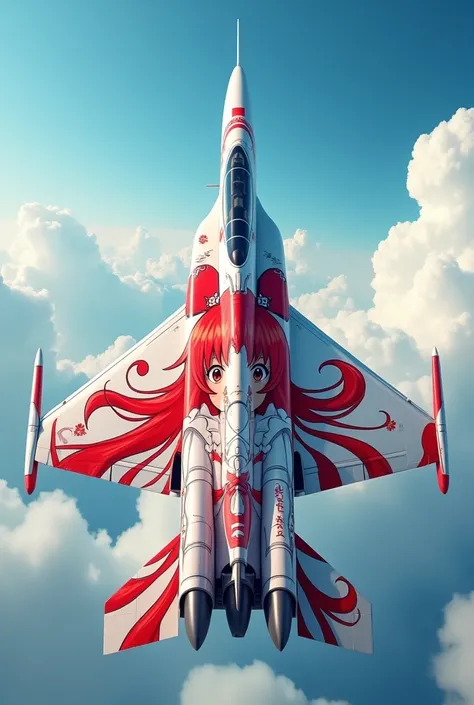 8k RAW Photos.Colorful pop art of an anime-style girl painted all over the body of a white fighter jet、The fighter plane is an F14、All painted white、The whole plane is covered in an anime-style drawing of a  with red hair and twin tails.,Girl in maid outfi...