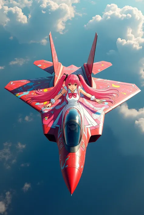 8k RAW Photos.Colorful pop art of an anime-style girl painted all over the body of a white fighter jet、The fighter plane is the F22、All painted white、The whole plane is covered in an anime-style drawing of a  with red hair and twin tails.,Girl in maid outf...