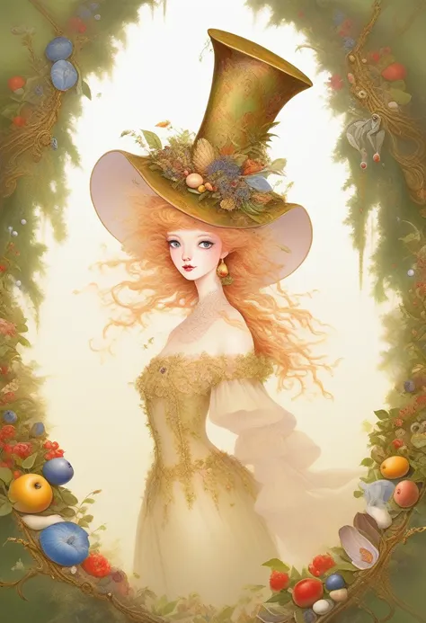 whimsical and beautiful fantasy bird with  hats, encircling a feast of birdseed and berries, forest setting, art by james christ...