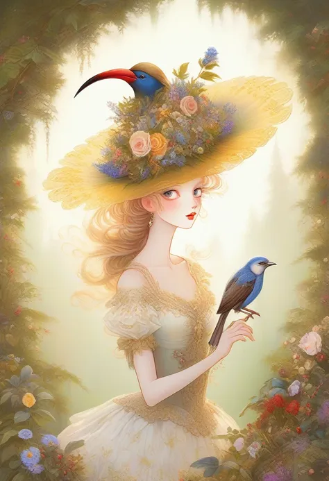 whimsical and beautiful fantasy bird with  hats, encircling a feast of birdseed and berries, forest setting, art by james christ...