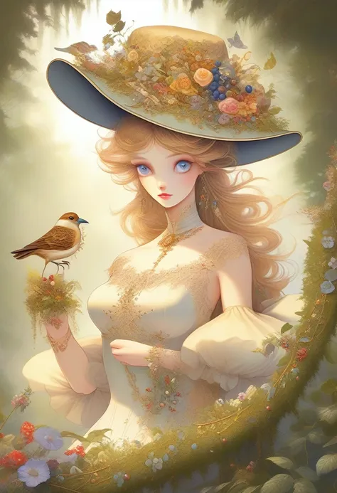 whimsical and beautiful fantasy bird with  hats, encircling a feast of birdseed and berries, forest setting, art by james christ...