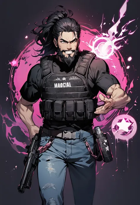 a white man, long black hair with a ponytail, medium beard, thin body, All Star sneakers, jeans, black t-shirt, a gun on his waist, bulletproof vest, in his right hand he has a round symbol of magical teeth, emanating a pink aura