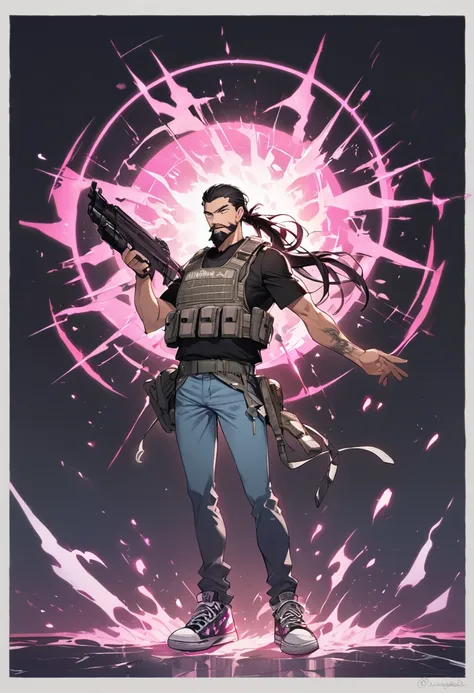 a white man, long black hair with a ponytail, medium beard, thin body, All Star sneakers, jeans, black t-shirt, a gun on his waist, bulletproof vest, in his right hand he has a round symbol of magical teeth, emanating a pink aura