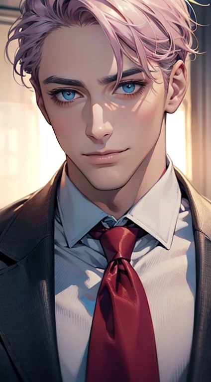 (Highest quality,4K,8K,High resolution,masterpiece:1.2),Super detailed,(Realistic,photoRealistic,photo-Realistic:1.37),1 personld,Mature Men,Beautiful skin、very handsome,Expressionless,smile,Short gray pink hair,blue eyes,Sharp Eyes,A perfect face without ...