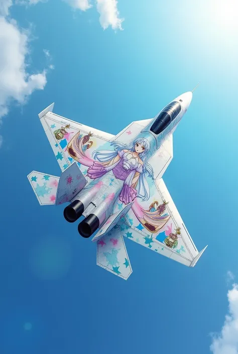 8k RAW Photos.Colorful pop art of an anime-style girl painted all over the body of a white fighter jet、The fighter plane is the F22、All painted white、The whole body of the aircraft is covered with a picture of a short girl with blue hair and twin tails in ...