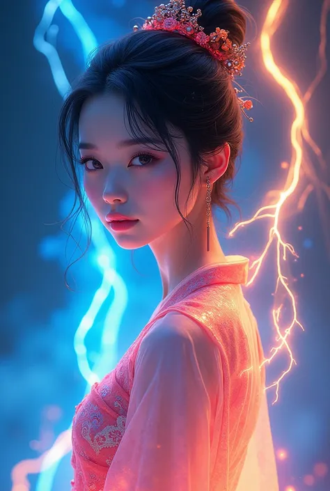 Realistic illustration of Korean girl in neon colors glowing with blue and gold smoke flowing through lightning. The background should be full of the story of Korean girl in beautiful traditional dress and smoke trend which reflects neon light 8k.