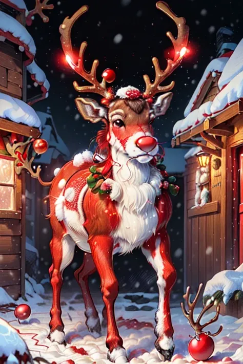 ((((red nose reindeer, rudolph_the_red_nosed_reindeer, red nose, red_reindeer, glowing red nose)))), snow, north pole, santa's w...