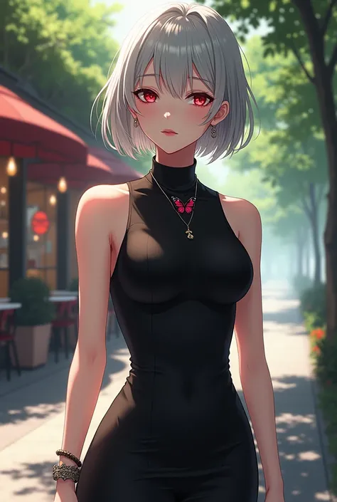 rating_questionable ((One girl, Alone ,Alone, black, Secret Swallowtail, Illustration, (anime style, masterpiece, Best Quality), Intricate details, One girl, Alone, black, Silver Hair, short hair,Red eyes, blackドレス, elegant delicate, reflection, Shine, Sop...