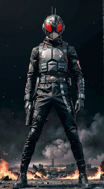 ((kamen rider, shinkr, tactical vest, techwear jacket, holding rifle)), (standing), (turn around), full body detailed, detailed hands, good fingers, good hands, good legs, red scarf, low hood, ((epic burning city)), ruins, floating, explosion, debris, some...