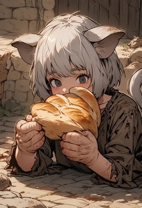 1girl, rat girl, grey hair, short hair, rat ears, rat tail, black eyes, rat hands, vagrant, casual clothes, homeless, dirty clothes, medieval, eating bread, torn clothes, tomboy, curled up, close up, hairy hands, teenager