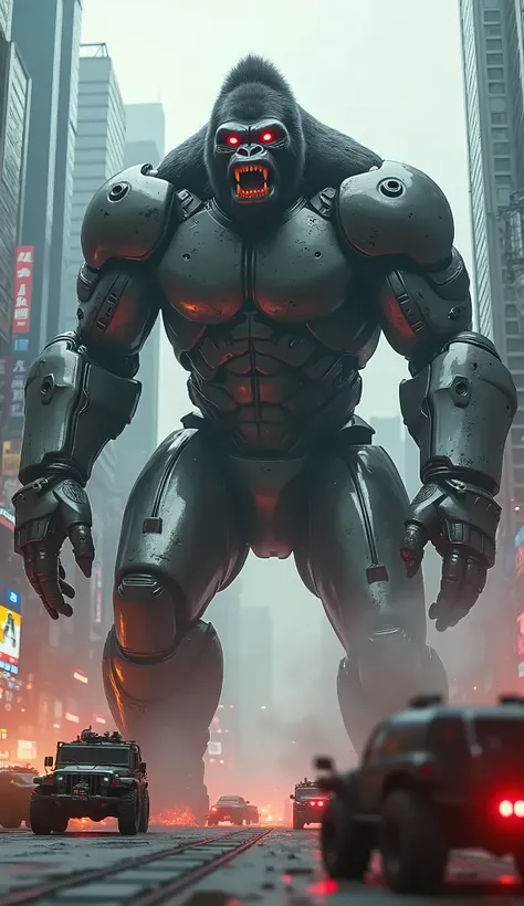 a highly detailed robot silverback gorilla, epic cinematic style, colorful city background, destroying new york city, military attacking, gritty realism, extremely detailed, 8k, hyperrealistic, chiaroscuro lighting, volumetric fog, dramatic shadows, moody ...