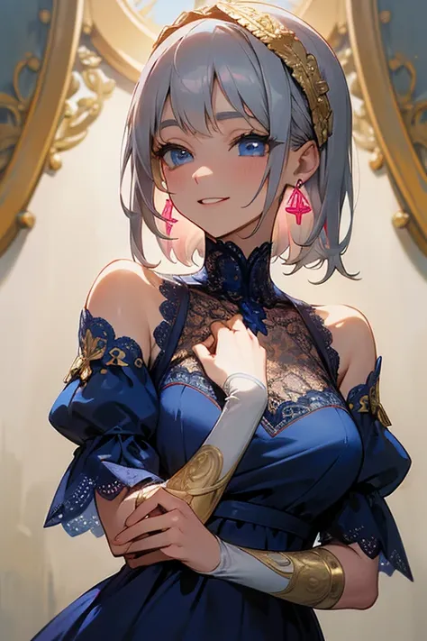 (masterpiece: 1.2, Best Quality), (Actual Photos, Intricate details), 1. woman, Alone, Casual upper body, Shoulder-length hair Minimal makeup, Natural materials, , Home, ((Gray Hair)).blue eyes, Bare shoulders、Smiling with teeth showing、((White lace outfit...