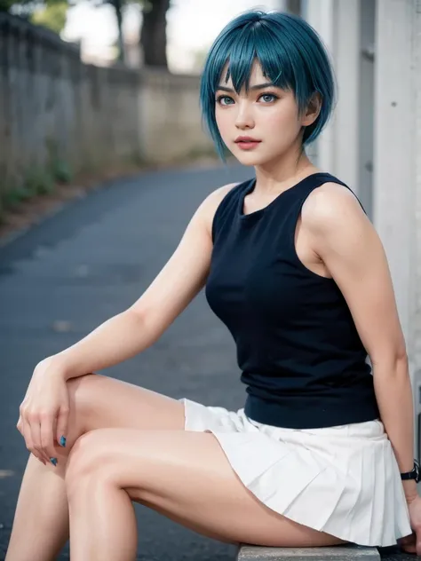 Nico, blue hair, (best quality, ultra-detailed), (realistic:1.37), beautiful and detailed face, ultra-realistic texture, delicate face, delicate body, red lipstick, long-lasting colors. high definition, 8K. expression with a sexy look