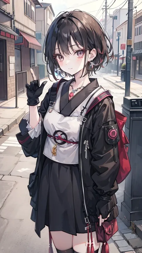 1 Girl, Japanese cartoons_dyeing, black_Eye, black_Gloves, Brown_hair, Necklace, earrings, Gloves, Jewelry, Mailbox, Satire, Short_hair, Smile, Solitary, style_Satire,  