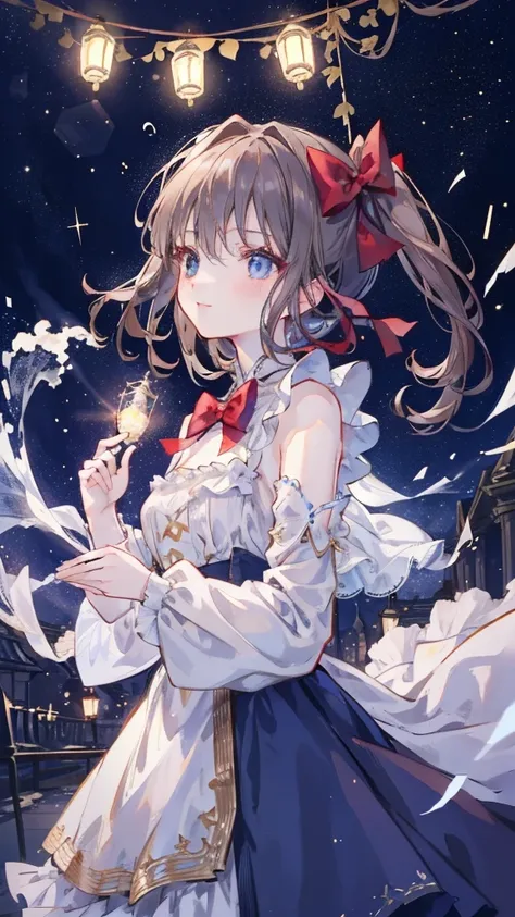 (Extremely delicate and beautiful: 1.2), 1 Girl, Bangs, Blue Eyes, Vague, Vague background, bow, Brown hair, Residence, side view, Hair between eyes, hair bow, lantern, Light Particles, Long sleeve, Looking at the audience, Medium Length Hair, night, red b...