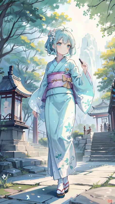 1 Girl, Solitary, From above, (White lily), Aesthetic, complex, Best quality, Detailed background, Sayaka Miki, ((girl wearing a patterned teal kimono:1.2)), (Walking in the Zen Garden),  Casual posture, Detailed texture, Strike a pose, f lola l print, Hai...