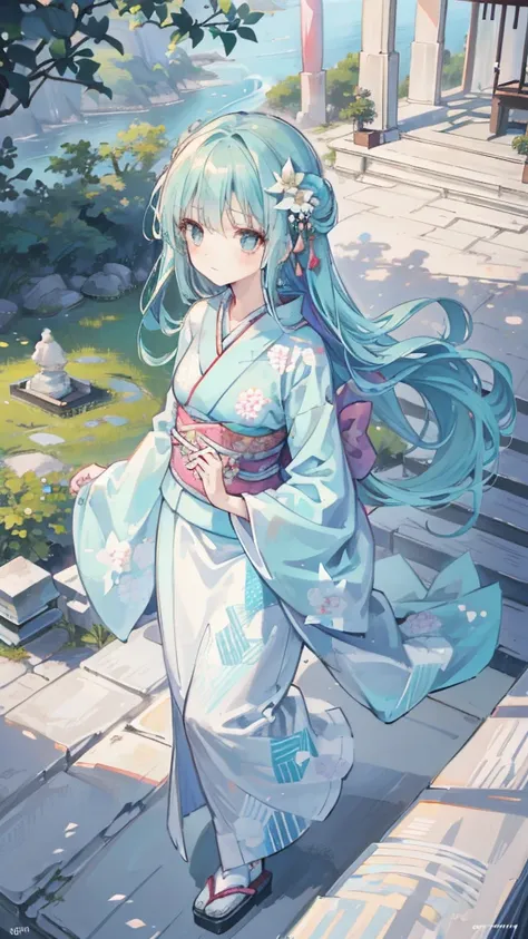 1 Girl, Solitary, From above, (White lily), Aesthetic, complex, Best quality, Detailed background, Sayaka Miki, ((girl wearing a patterned teal kimono:1.2)), (Walking in the Zen Garden),  Casual posture, Detailed texture, Strike a pose, f lola l print, Hai...