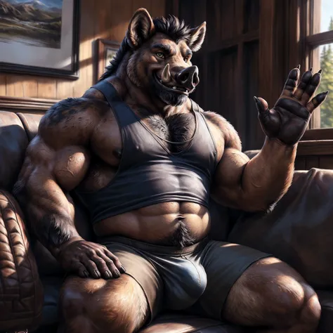 (((Boar))), white tusks, (((black hair))), (((((dark brown body))))), (((((dark brown chest))))), (((((dark brown head))))), (green eyes), (muscular masculine face), (detailed erected bulge), ((((tiny tank top)))), (((loose blue shorts))), ((((one hand wav...