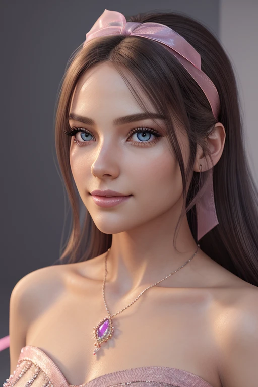 1girl, solo, long flowing hair, beautiful detailed eyes, beautiful detailed lips, extremely detailed face and eyes, longeyelashes, happy smile, pink shimmering eyes, delicate makeup, hair ribbon, jewelry, depth of field, 3D render, high quality, 4k, 8k, re...