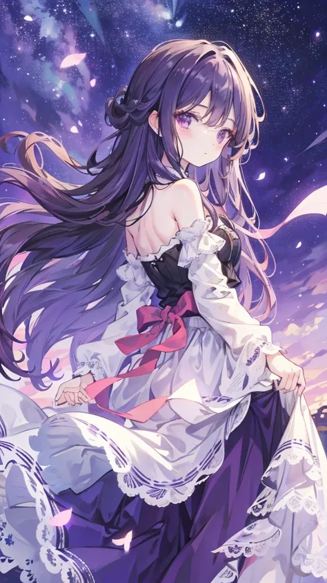 Detailed background, masterpiece, Best quality, 1 person , curls, Long hair, Purple Eyes, Stars in my eyes , Strapless Top, Long skirt