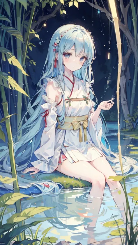 masterpiece, Best quality, Official art, 8k wallpaper, Very detailed, illustration, 1 girl, Sky blue hair, Long hair, Delicate eyes, Forrest Gump, Bare shoulders, Hanfu, lake, Pure, Soft smile, bamboo, Tea