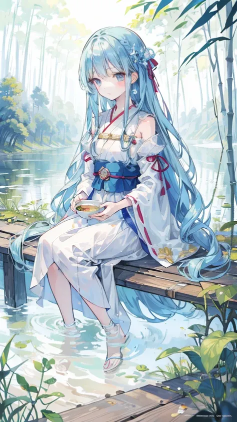 masterpiece, Best quality, Official art, 8k wallpaper, Very detailed, illustration, 1 girl, Sky blue hair, Long hair, Delicate eyes, Forrest Gump, Bare shoulders, Hanfu, lake, Pure, Soft smile, bamboo, Tea