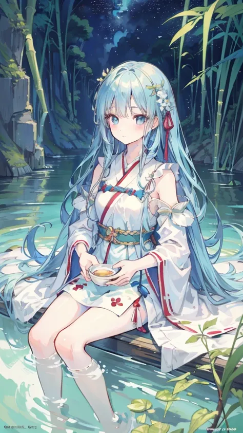 masterpiece, Best quality, Official art, 8k wallpaper, Very detailed, illustration, 1 girl, Sky blue hair, Long hair, Delicate eyes, Forrest Gump, Bare shoulders, Hanfu, lake, Pure, Soft smile, bamboo, Tea