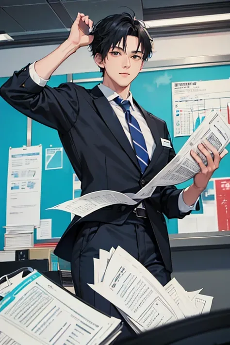 Man, 23, Japanese, young office worker, messy short black hair, slightly disheveled white shirt, blue tie, black slacks, tired expression, Anime Style, three sides, character sheet, front, side, back, infographics, no background, no text --ar 16:9 --niji 6...