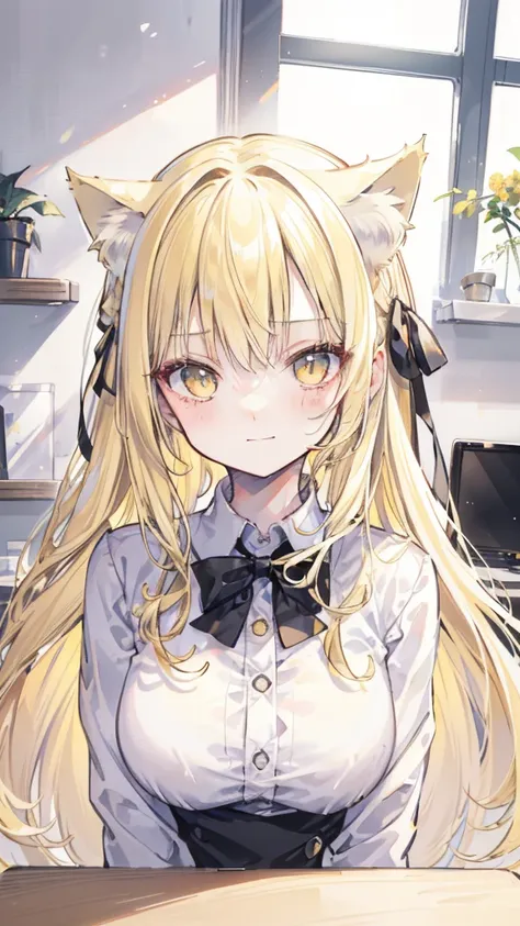 , masterpiece, (Best quality:1.2), (Clear focus:1.2),, 1 girl, Slim girl,, (Blonde|Light_Yellow hair), Cat ears,, Detailed facial information, Young|Cute face, blush, Evil smile,, Natural breasts, Thin arms,, White collar shirt with black tie, black choker...