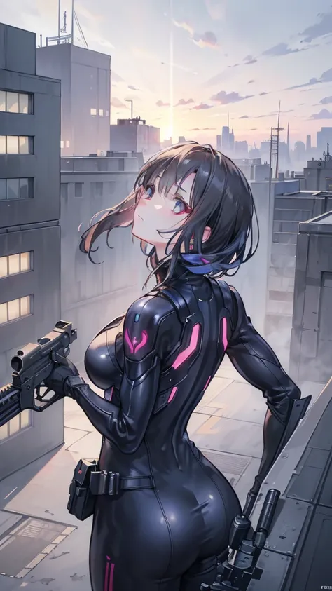 (masterpiece:1.2,Best quality,Super detailed,Powerful backlight:1.3,contour:1.45),, , //Features, 1 solo female mercenary,Ghost in the Shell Kusanagi Motoko,One eye is red:1.2,Facial expression is ferocious,Overlooking the city.Black leather bodysuit:1.2, ...