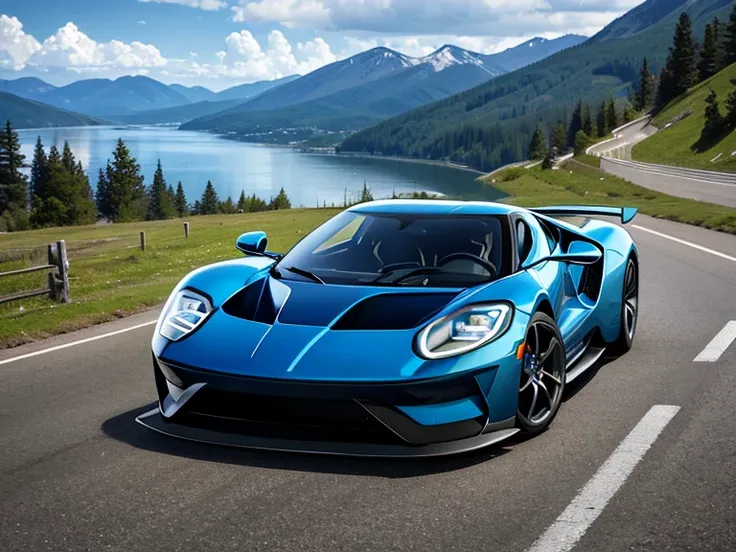 blue　Ford gt, mountain road, lake, clouds, trees