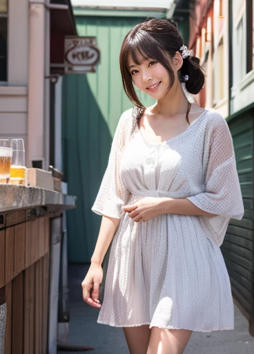 High-resolution images, Realistic eye size, Realistic skin, Droopy eyes, smile, Horny Japanese Housewife(Mister.々Feminine casual dress with simple pattern), (side), (Highly detailed realistic textured panties), Strong sunlight, Braiding, (Old-fashioned, sm...