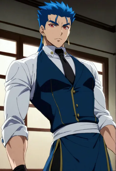 cu Chulainn Lancer blue dressed as a muscular waiter with red eyes anime with a flirtatious look